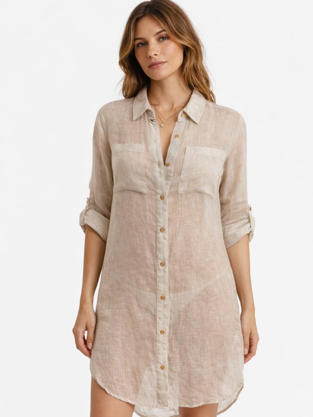 Magaschoni Linen Shirt Dress M Beige Sheer Button Front Summer Lightweight